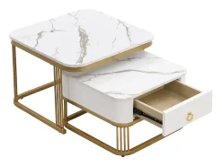 Discount Hauss Spole Conjunto de 2 mesas de centro quadradas empilháveis com gaveta, folheado de mármore , estrutura dourada Branco
