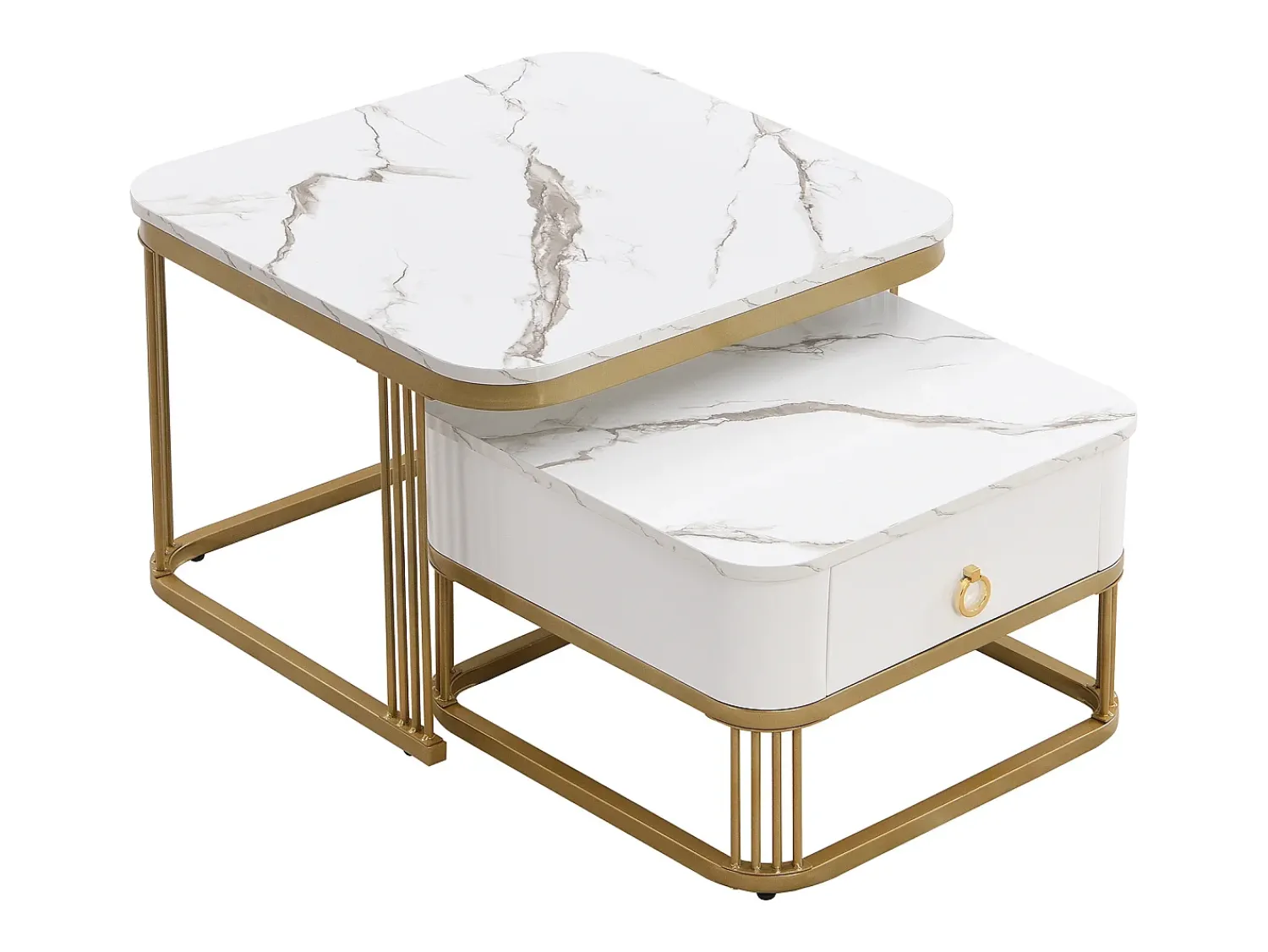 Discount Hauss Spole Conjunto de 2 mesas de centro quadradas empilháveis com gaveta, folheado de mármore , estrutura dourada Branco