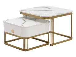 Discount Hauss Spole Conjunto de 2 mesas de centro quadradas empilháveis com gaveta, folheado de mármore , estrutura dourada Branco