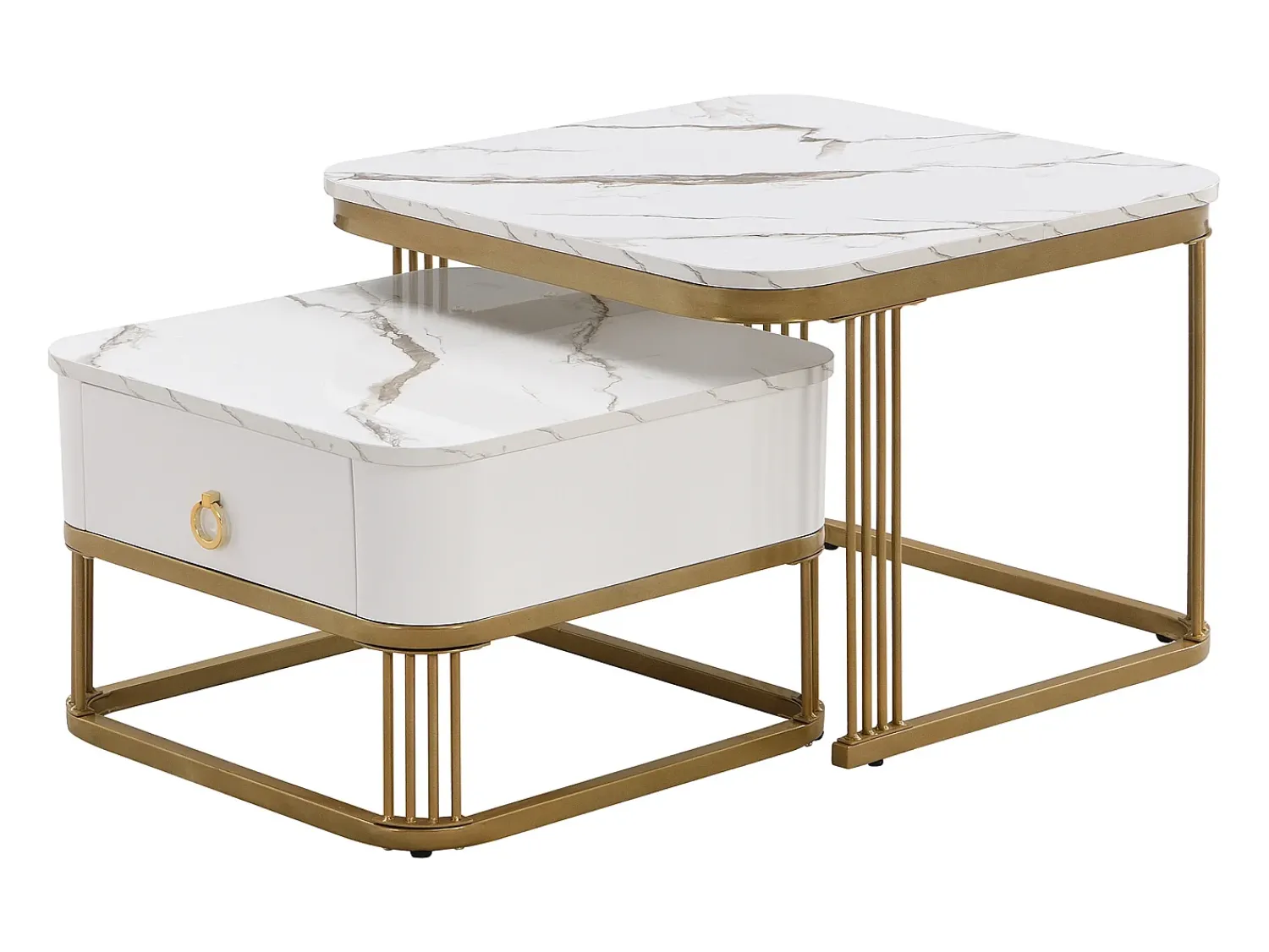 Discount Hauss Spole Conjunto de 2 mesas de centro quadradas empilháveis com gaveta, folheado de mármore , estrutura dourada Branco