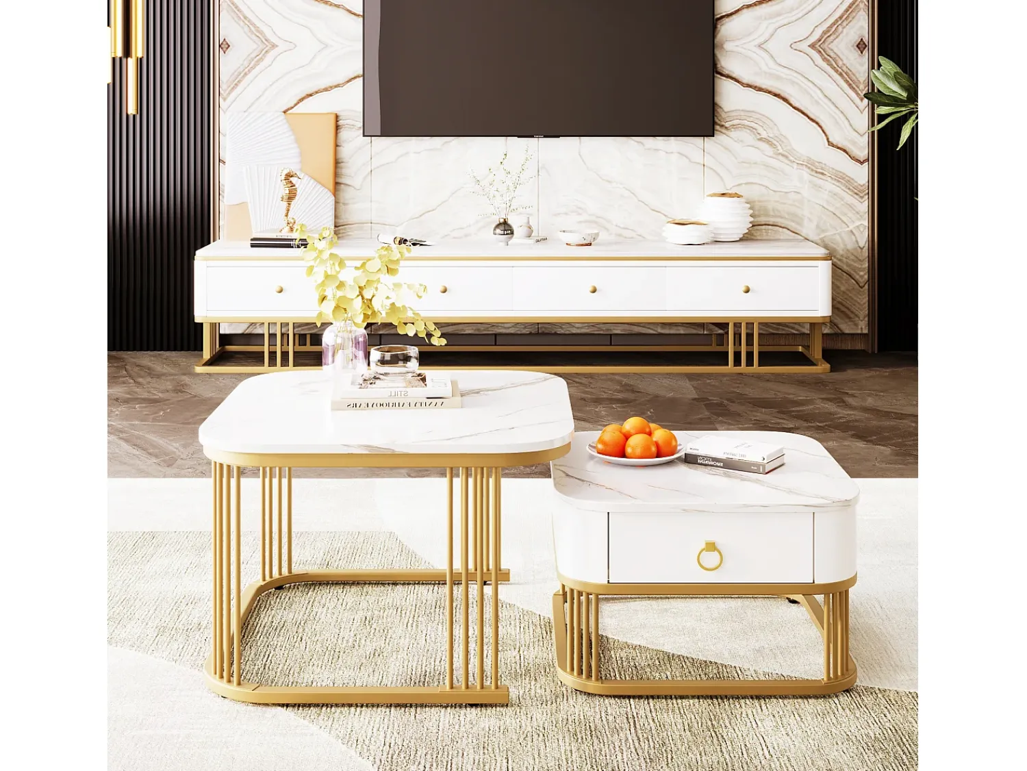 Discount Hauss Spole Conjunto de 2 mesas de centro quadradas empilháveis com gaveta, folheado de mármore , estrutura dourada Branco