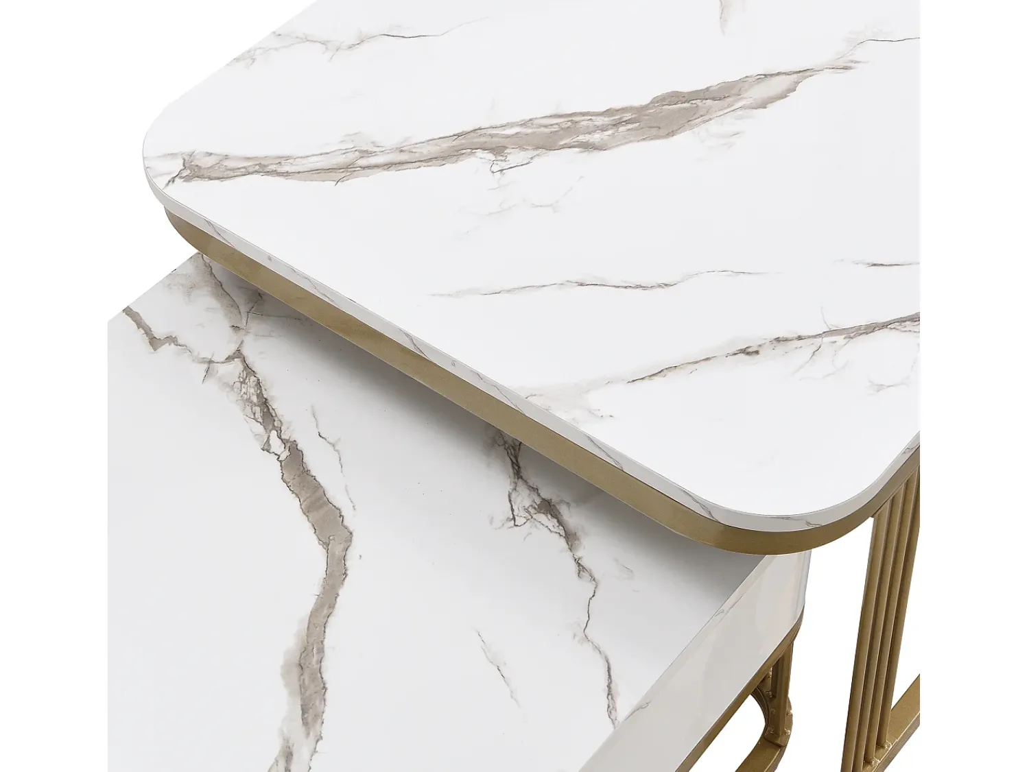 Discount Hauss Spole Conjunto de 2 mesas de centro quadradas empilháveis com gaveta, folheado de mármore , estrutura dourada Branco