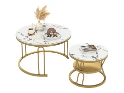 New Conjunto de 2 mesas de centro encaixáveis, mesa redonda, tampo em mármore, perna em ferro em forma de U, D70x45+P45x40cm Dourado