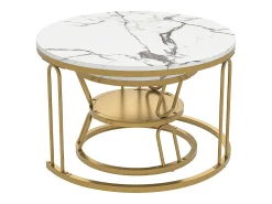 New Conjunto de 2 mesas de centro encaixáveis, mesa redonda, tampo em mármore, perna em ferro em forma de U, D70x45+P45x40cm Dourado