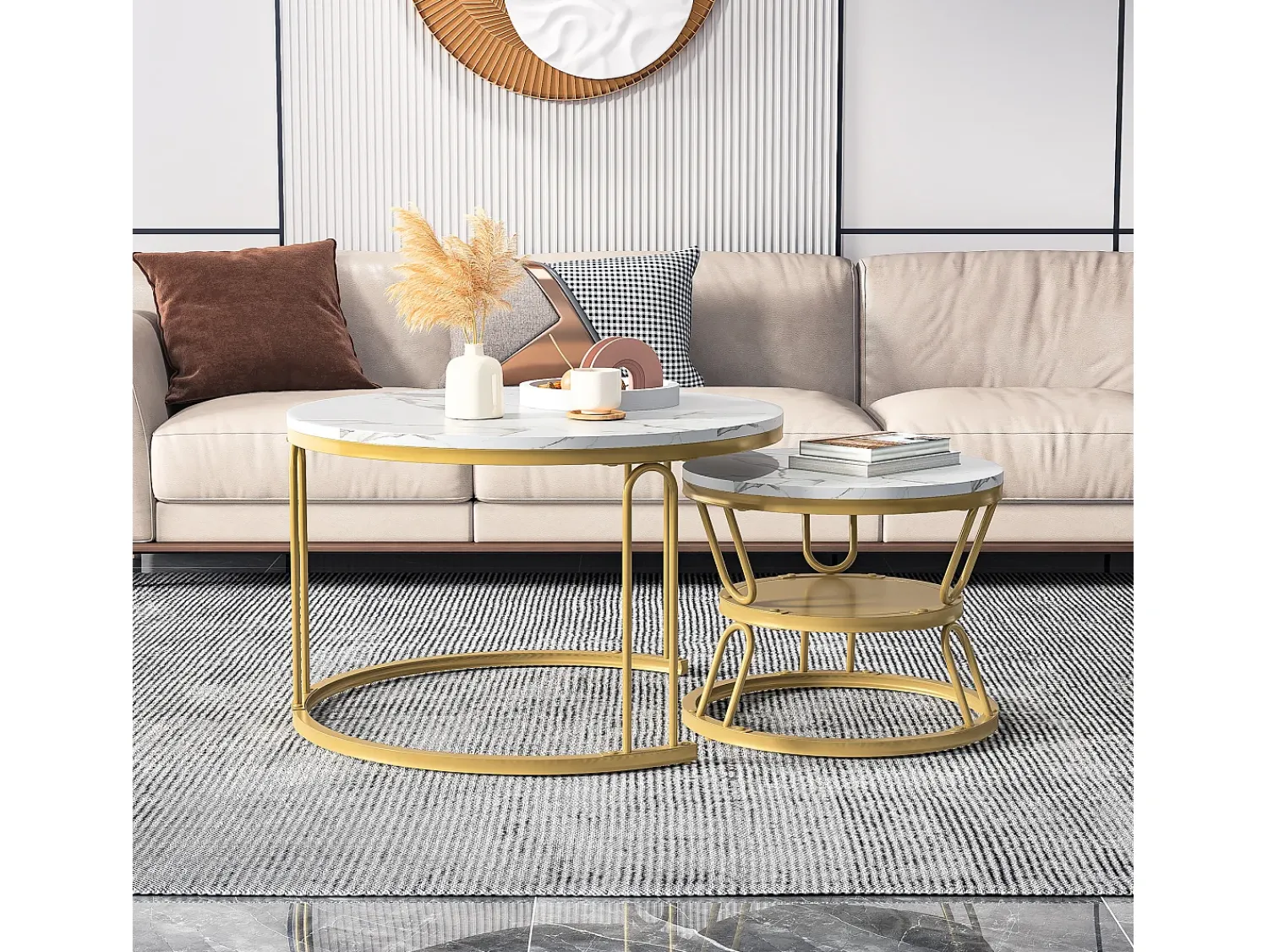 New Conjunto de 2 mesas de centro encaixáveis, mesa redonda, tampo em mármore, perna em ferro em forma de U, D70x45+P45x40cm Dourado