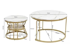 New Conjunto de 2 mesas de centro encaixáveis, mesa redonda, tampo em mármore, perna em ferro em forma de U, D70x45+P45x40cm Dourado