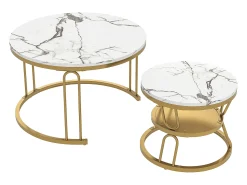 New Conjunto de 2 mesas de centro encaixáveis, mesa redonda, tampo em mármore, perna em ferro em forma de U, D70x45+P45x40cm Dourado