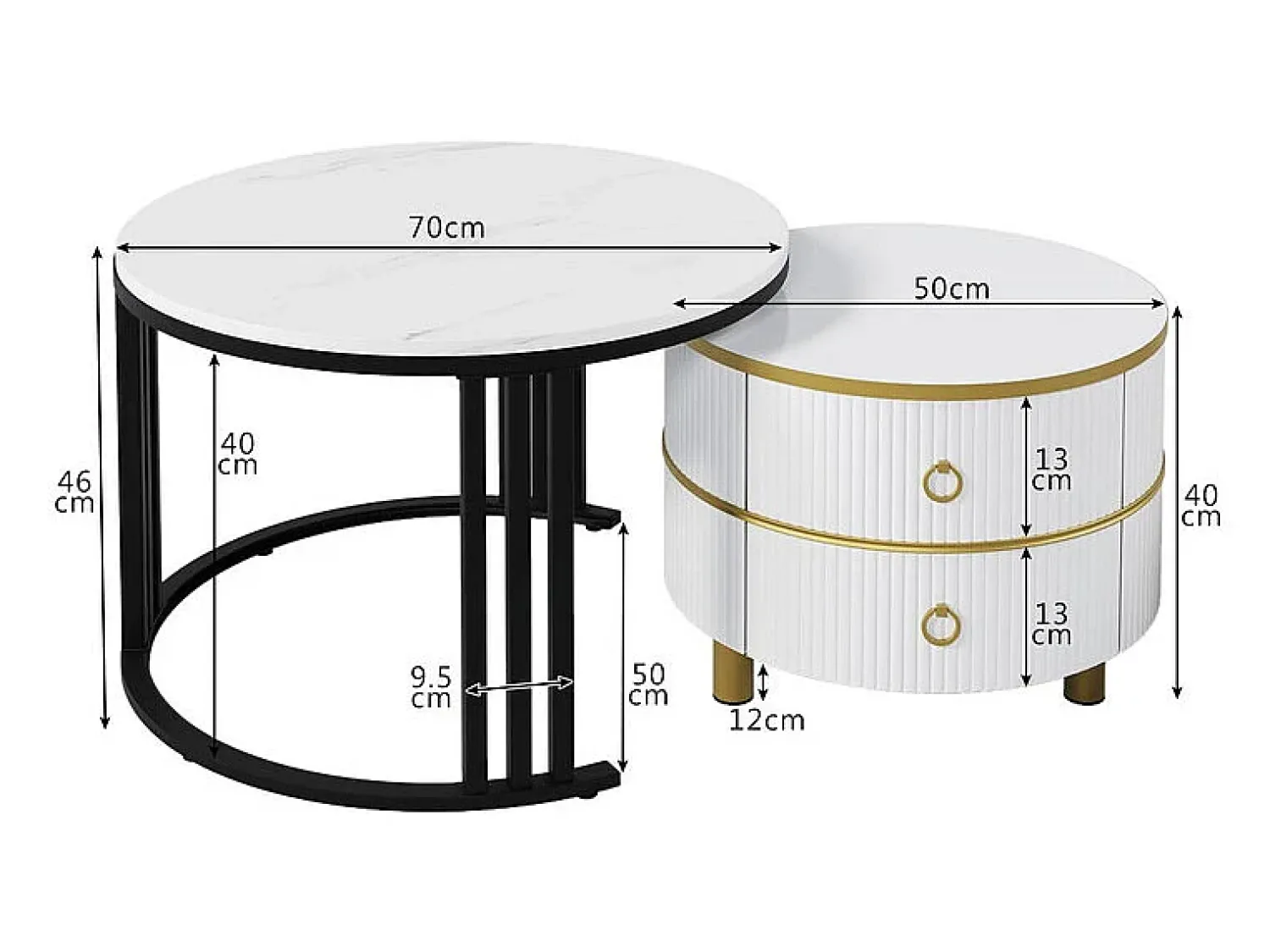 Mesa De Centro*ModernLuxe Conjunto de 2 mesas de centro encaixáveis com 2 gavetas - tampo em mármore - Dourado e Preto Preto / Dourado