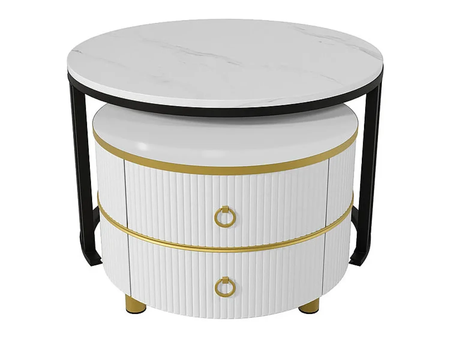 Mesa De Centro*ModernLuxe Conjunto de 2 mesas de centro encaixáveis com 2 gavetas - tampo em mármore - Dourado e Preto Preto / Dourado