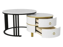 Mesa De Centro*ModernLuxe Conjunto de 2 mesas de centro encaixáveis com 2 gavetas - tampo em mármore - Dourado e Preto Preto / Dourado