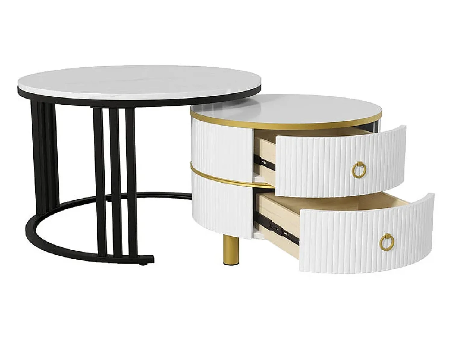 Mesa De Centro*ModernLuxe Conjunto de 2 mesas de centro encaixáveis com 2 gavetas - tampo em mármore - Dourado e Preto Preto / Dourado