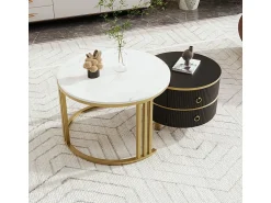 Mesa De Centro*ModernLuxe Conjunto de 2 mesas de centro encaixáveis com 2 gavetas - tampo em mármore - Dourado e Preto Preto / Dourado