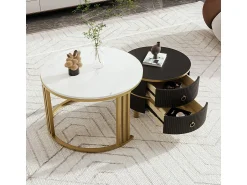 Mesa De Centro*ModernLuxe Conjunto de 2 mesas de centro encaixáveis com 2 gavetas - tampo em mármore - Dourado e Preto Preto / Dourado