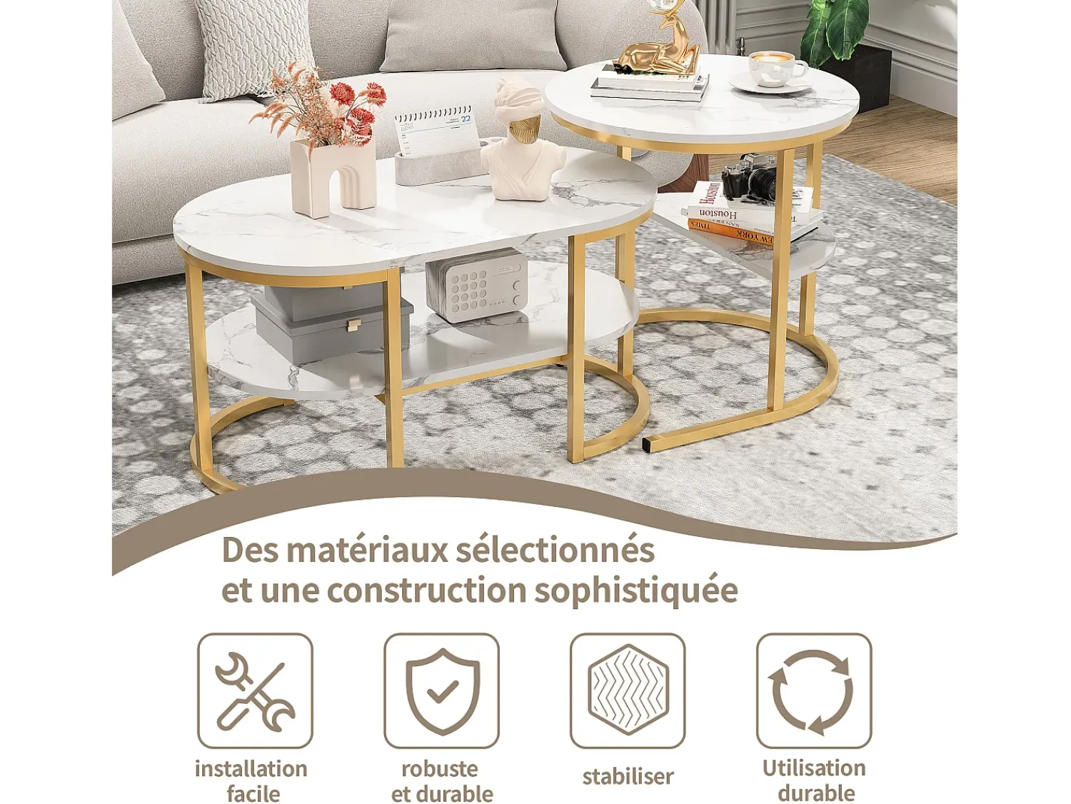 Mesa De Centro* Conjunto de 2 mesas de centro com estrutura metálica e prateleira, estilo moderno para sala de estar, douradas. Dourado