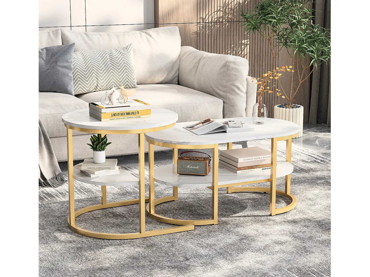 Mesa De Centro* Conjunto de 2 mesas de centro com estrutura metálica e prateleira, estilo moderno para sala de estar, douradas. Dourado