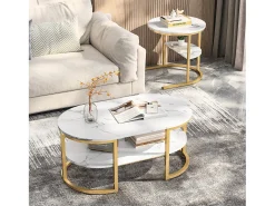 Mesa De Centro* Conjunto de 2 mesas de centro com estrutura metálica e prateleira, estilo moderno para sala de estar, douradas. Dourado