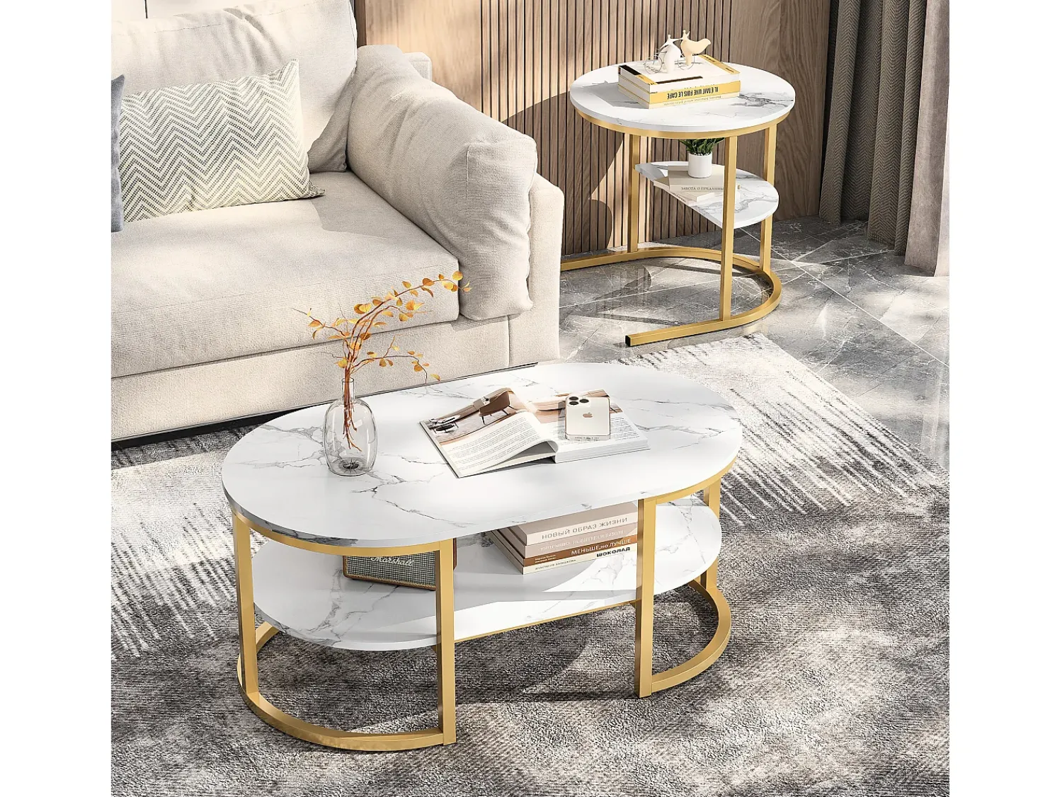 Mesa De Centro* Conjunto de 2 mesas de centro com estrutura metálica e prateleira, estilo moderno para sala de estar, douradas. Dourado