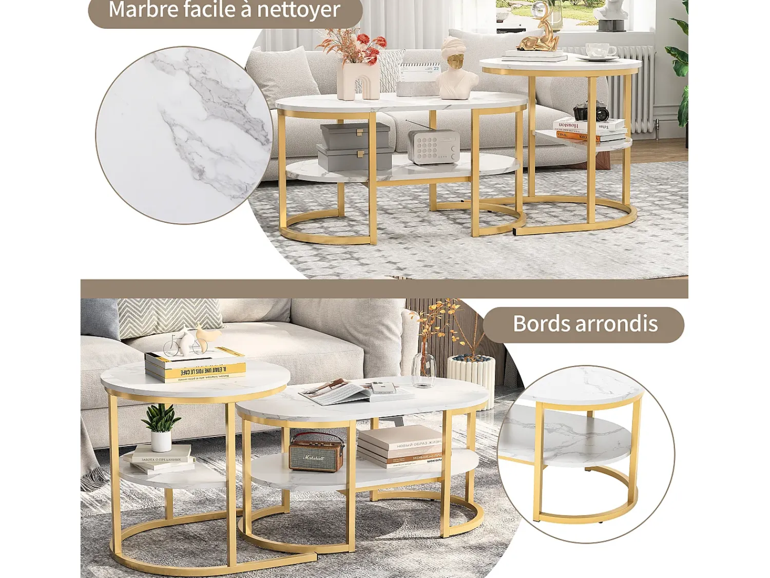 Mesa De Centro* Conjunto de 2 mesas de centro com estrutura metálica e prateleira, estilo moderno para sala de estar, douradas. Dourado