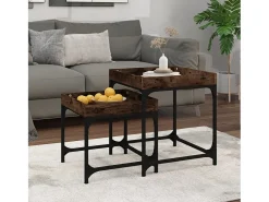 Conjunto de 2 Mesas de Centro | Mesa de apoio | Mesa de café derivados de madeira carvalho fumado Castanho