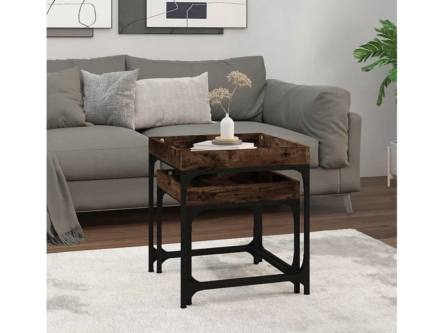 Conjunto de 2 Mesas de Centro | Mesa de apoio | Mesa de café derivados de madeira carvalho fumado Castanho