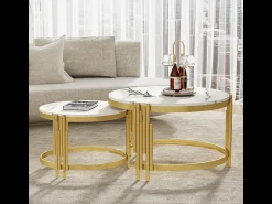Sale Merax Conjunto de 2 mesas de centro encaixáveis em efeito mármore - Estrutura metálica dourada - 71,5x71,5x 44 cm + 51,5x51,5x37 cm - Branco