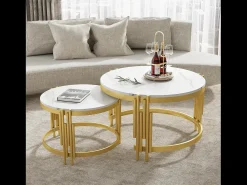 Sale Merax Conjunto de 2 mesas de centro encaixáveis em efeito mármore - Estrutura metálica dourada - 71,5x71,5x 44 cm + 51,5x51,5x37 cm - Branco