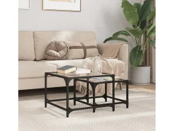 Outlet Conjunto de 2 Mesas de Centro Baixas | Mesa de apoio c/ tampo vidro aço Transparente