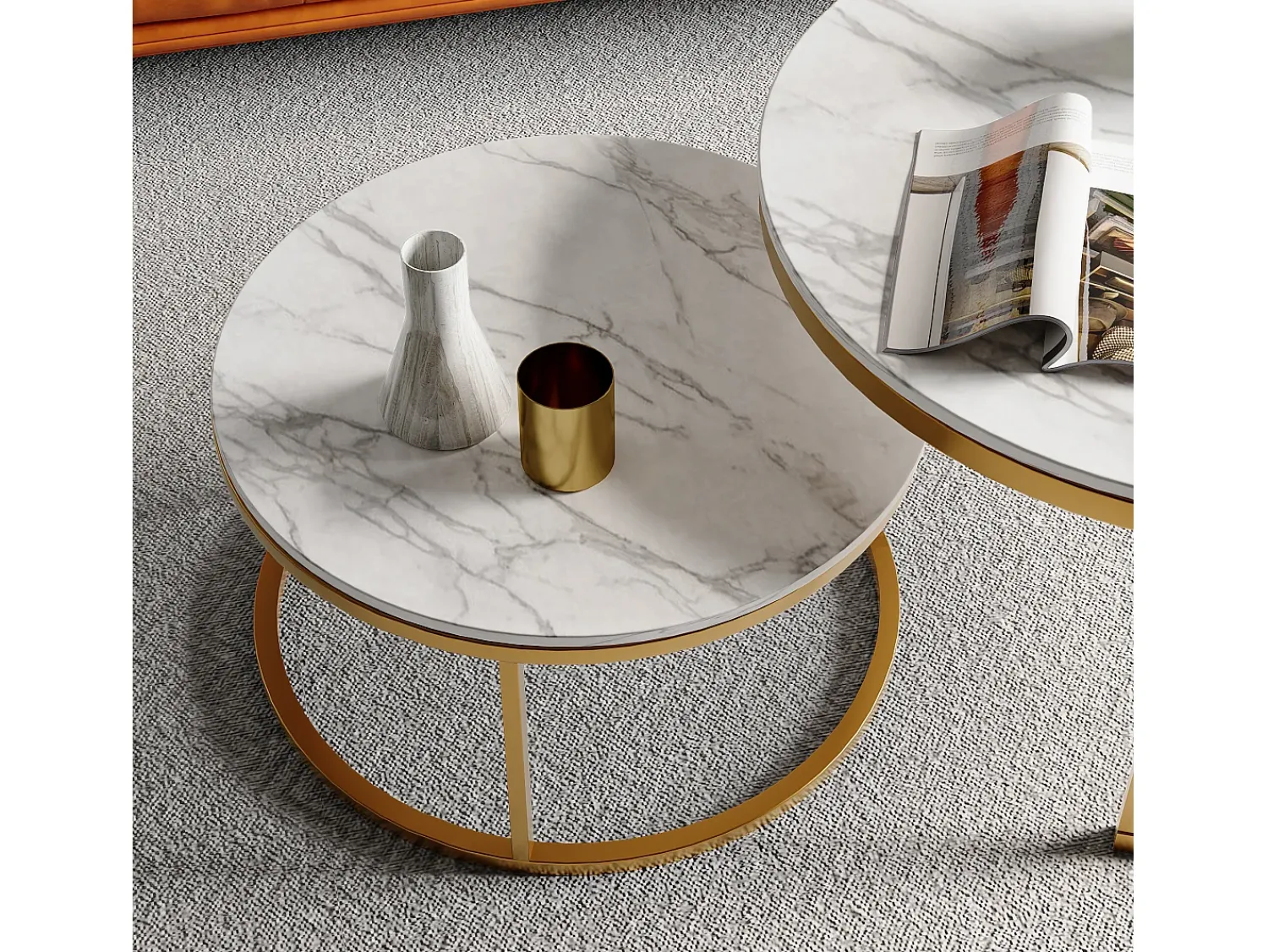 Sale Conjunto de 2 mesas de centro modernas que se encaixam umas nas outras, estrutura em metal , tampo em mármore - 80 cm Dourado
