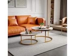 Sale Conjunto de 2 mesas de centro modernas que se encaixam umas nas outras, estrutura em metal , tampo em mármore - 80 cm Dourado