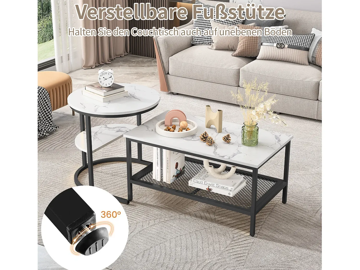 Best Conjunto de 2 mesas de centro escandinavas - Mesa de apoio retangular com estampado de mármore - Apoios para os pés ajustáveis - Estrutura de metal preta Preto