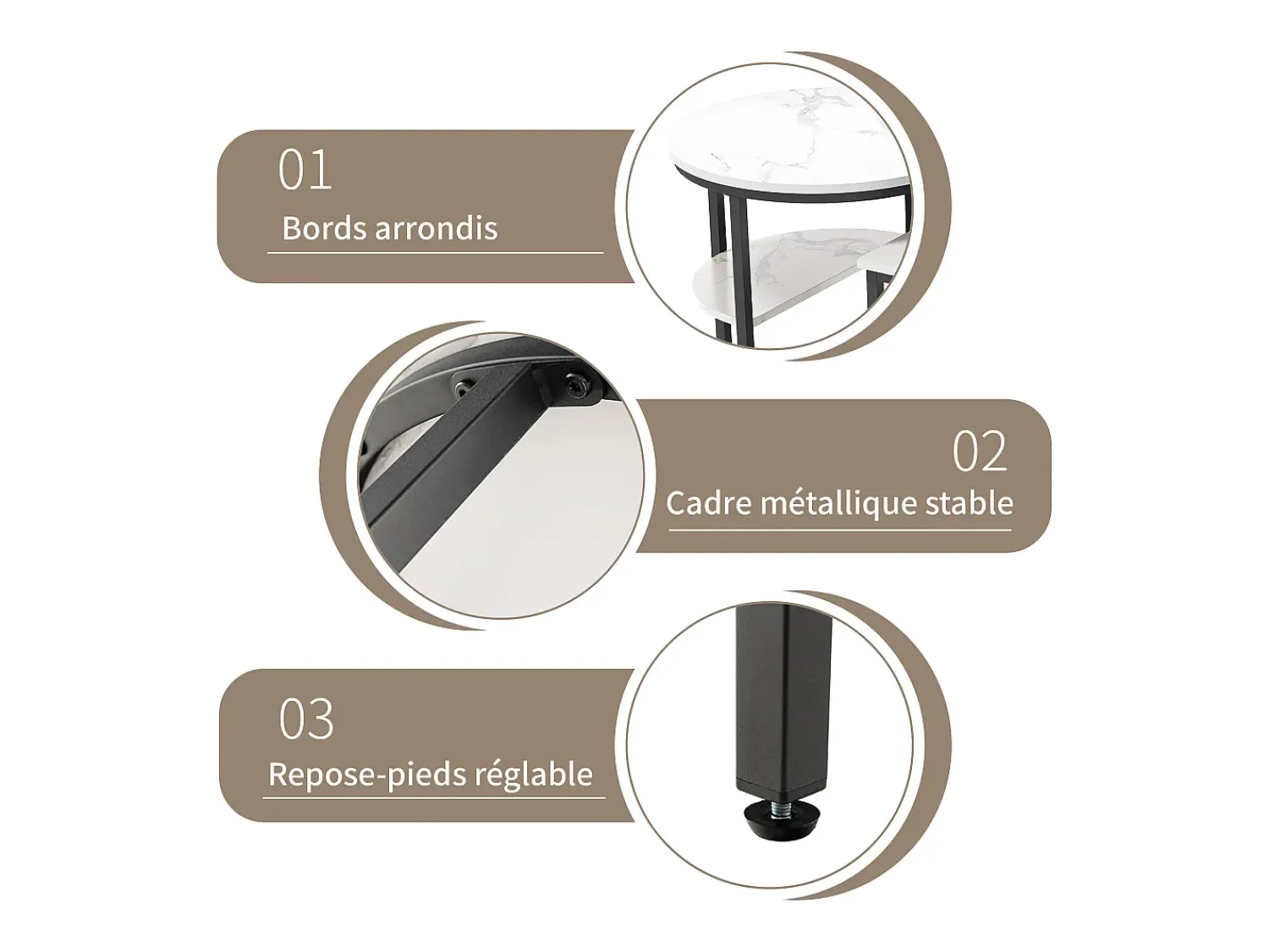 Best Conjunto de 2 mesas de centro escandinavas - Mesa de apoio retangular com estampado de mármore - Apoios para os pés ajustáveis - Estrutura de metal preta Preto