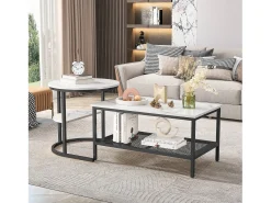 Best Conjunto de 2 mesas de centro escandinavas - Mesa de apoio retangular com estampado de mármore - Apoios para os pés ajustáveis - Estrutura de metal preta Preto