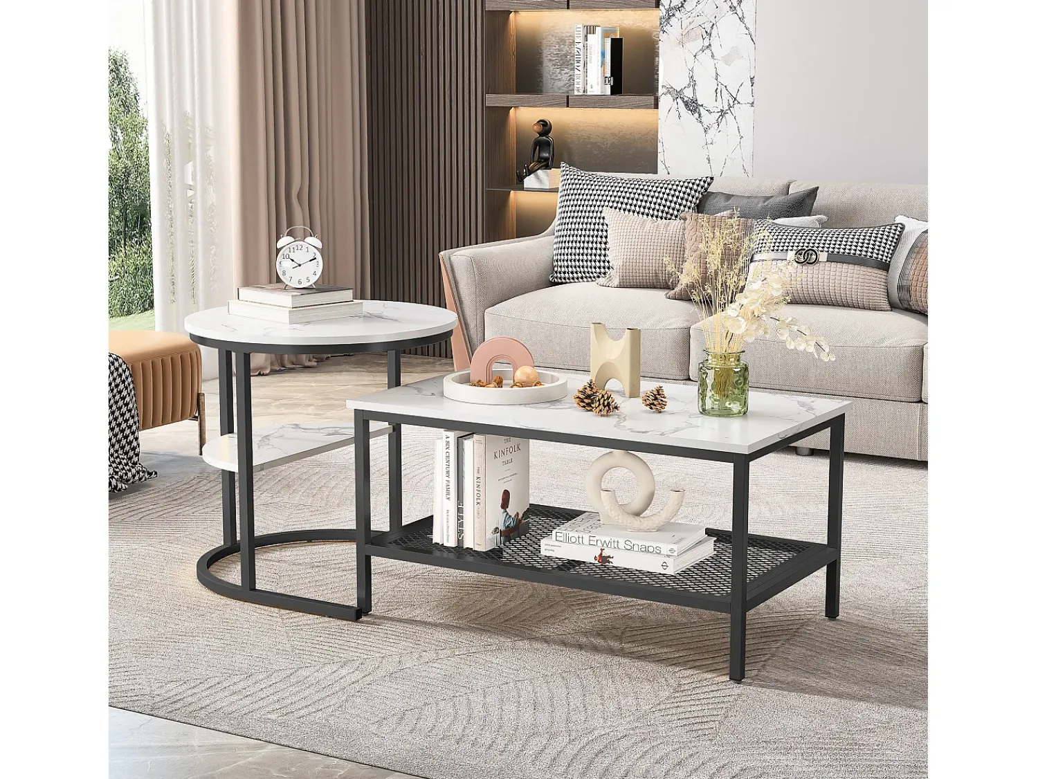 Best Conjunto de 2 mesas de centro escandinavas - Mesa de apoio retangular com estampado de mármore - Apoios para os pés ajustáveis - Estrutura de metal preta Preto