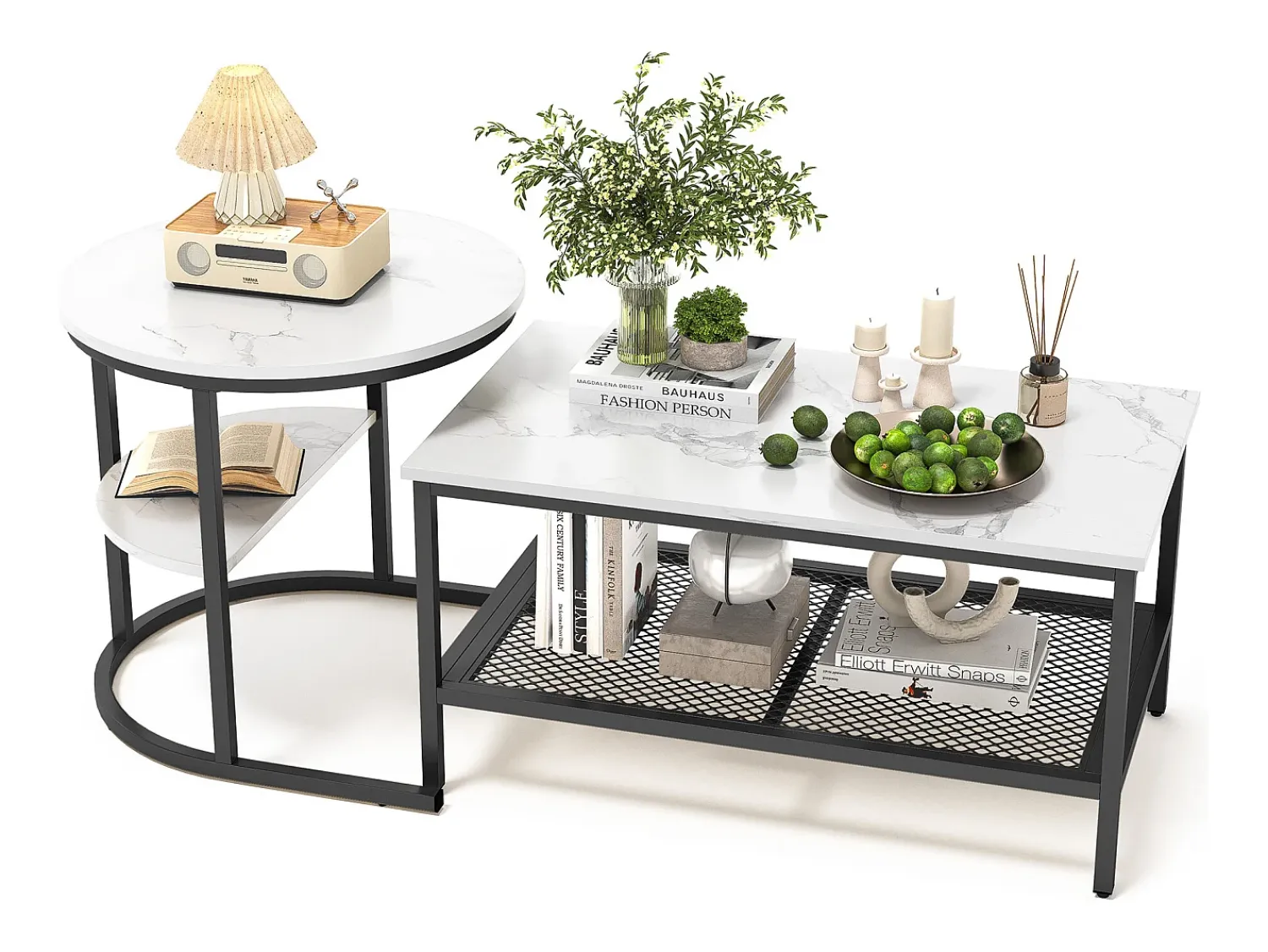 Best Conjunto de 2 mesas de centro escandinavas - Mesa de apoio retangular com estampado de mármore - Apoios para os pés ajustáveis - Estrutura de metal preta Preto