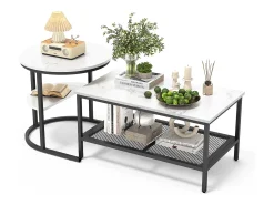 Best Conjunto de 2 mesas de centro escandinavas - Mesa de apoio retangular com estampado de mármore - Apoios para os pés ajustáveis - Estrutura de metal preta Preto