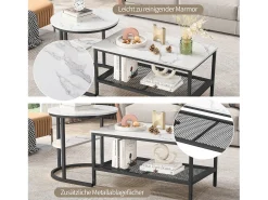 Best Conjunto de 2 mesas de centro escandinavas - Mesa de apoio retangular com estampado de mármore - Apoios para os pés ajustáveis - Estrutura de metal preta Preto