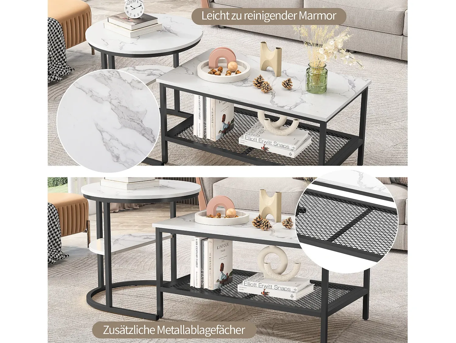 Best Conjunto de 2 mesas de centro escandinavas - Mesa de apoio retangular com estampado de mármore - Apoios para os pés ajustáveis - Estrutura de metal preta Preto