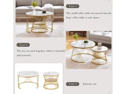 Mesa De Centro|Merax Conjunto de 2 mesas de centro encaixáveis com prateleira - madeira MDF e metal - tampos com padrão de mármore - Branco