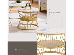 Mesa De Centro|Merax Conjunto de 2 mesas de centro encaixáveis com prateleira - madeira MDF e metal - tampos com padrão de mármore - Branco