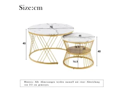 Mesa De Centro|Merax Conjunto de 2 mesas de centro encaixáveis com prateleira - madeira MDF e metal - tampos com padrão de mármore - Branco