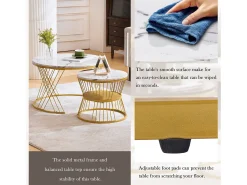 Mesa De Centro|Merax Conjunto de 2 mesas de centro encaixáveis com prateleira - madeira MDF e metal - tampos com padrão de mármore - Branco