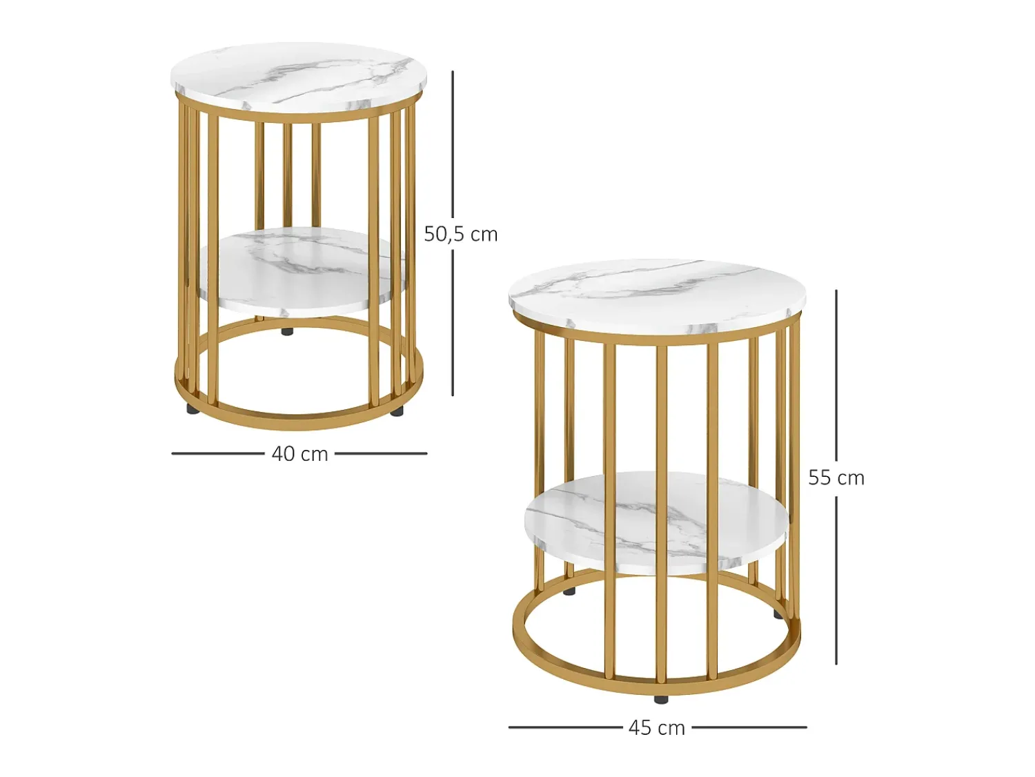 Conjunto de 2 mesas de centro redondas, com efeito mármore, para sala de estar, com prateleira aberta para armazenamento, douradas.^ Mesa De Centro