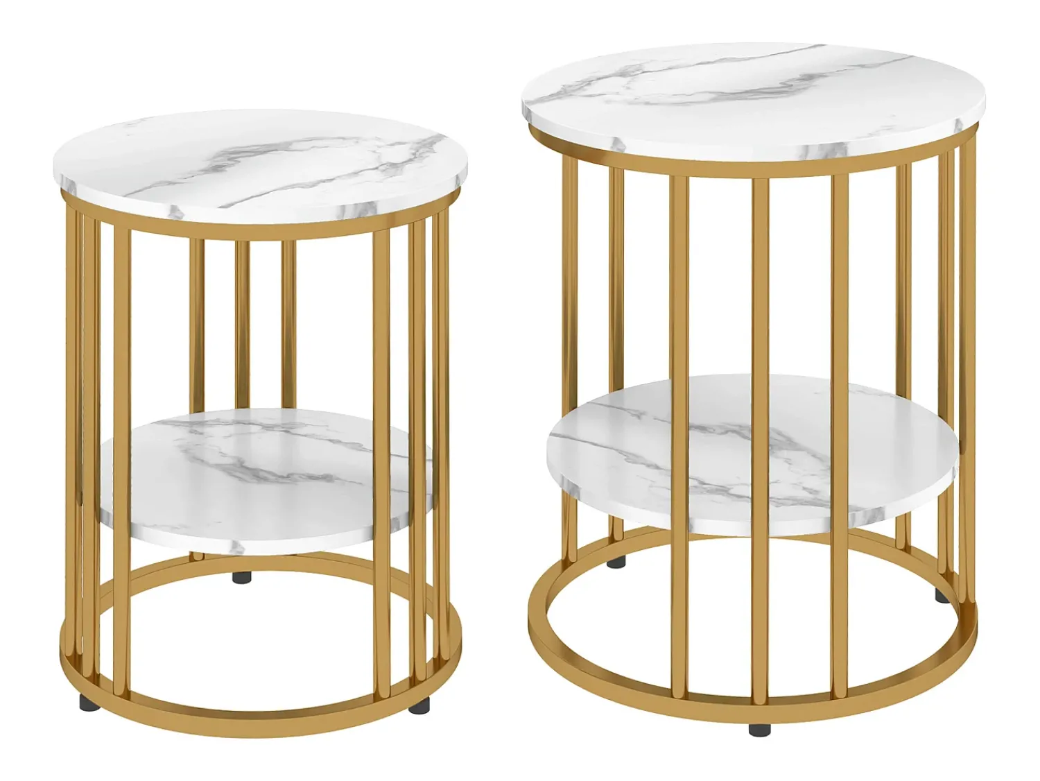 Conjunto de 2 mesas de centro redondas, com efeito mármore, para sala de estar, com prateleira aberta para armazenamento, douradas.^ Mesa De Centro
