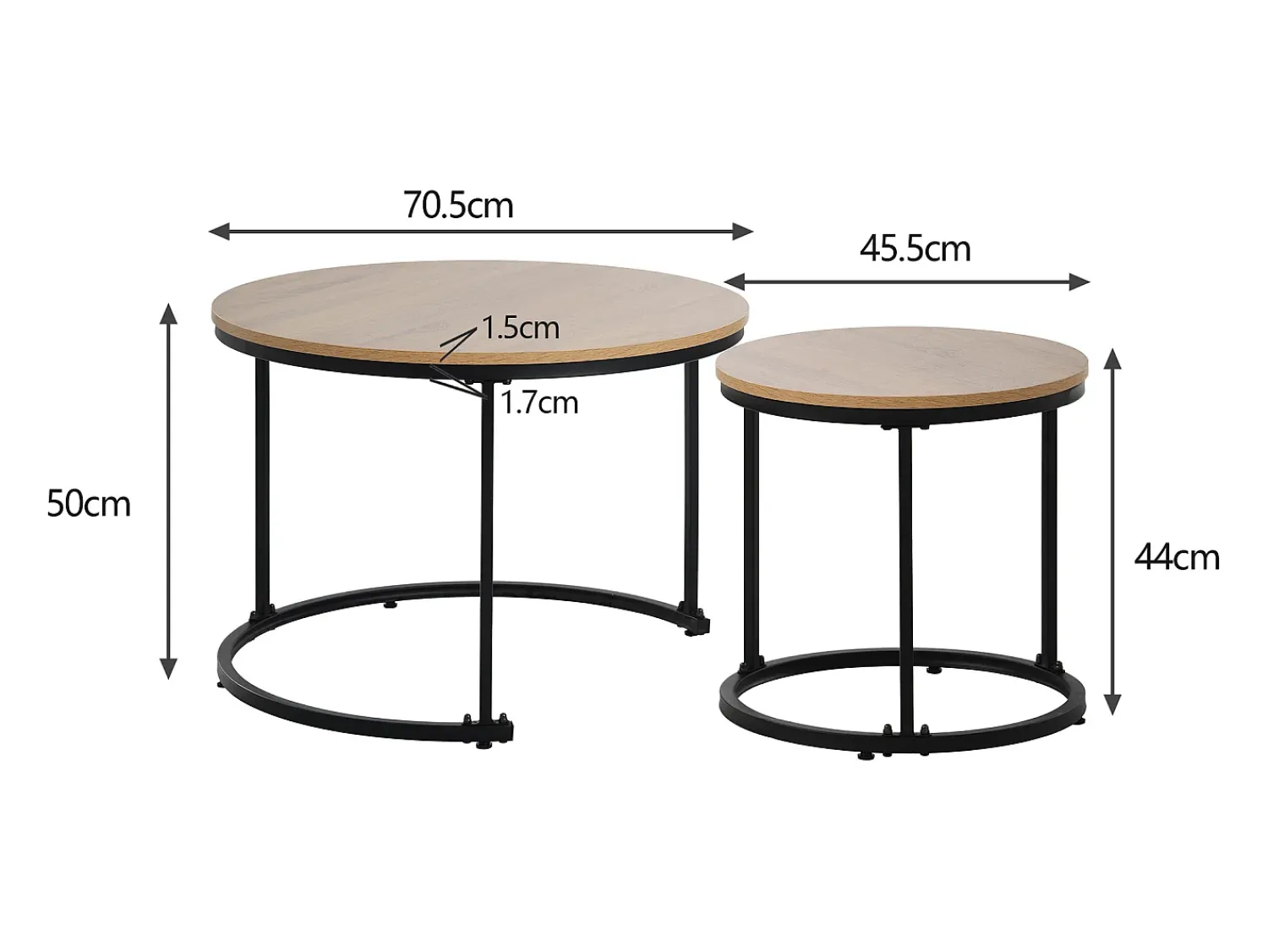 Online Hauss Spole Conjunto de 2 mesas de centro redondas encaixáveis, madeira natural clara, estrutura de metal preto Natural claro