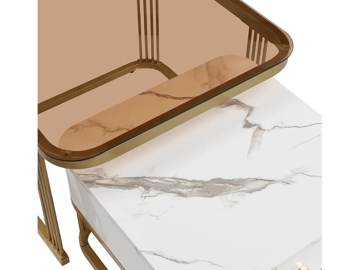 Online Hauss Spole Conjunto de 2 mesas de centro encaixáveis com gavetas, tampos em mármore brilhante e vidro, pernas douradas Branco
