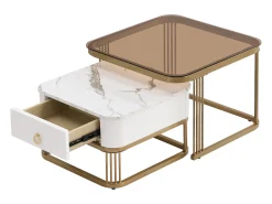 Online Hauss Spole Conjunto de 2 mesas de centro encaixáveis com gavetas, tampos em mármore brilhante e vidro, pernas douradas Branco