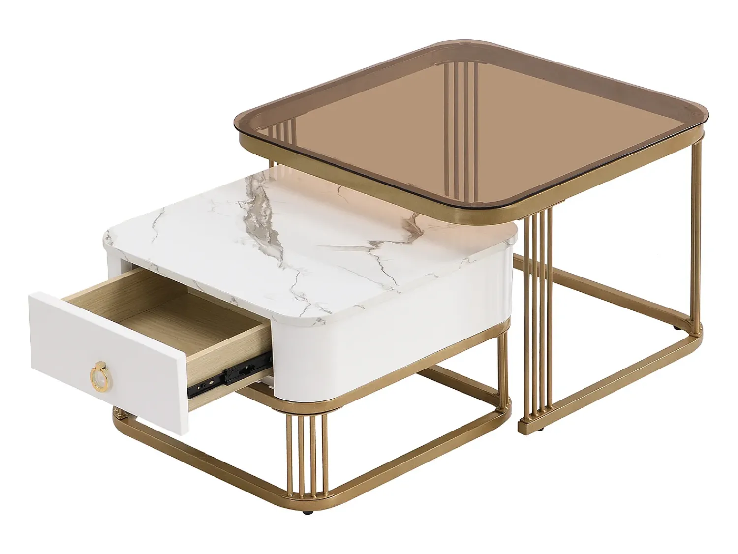 Online Hauss Spole Conjunto de 2 mesas de centro encaixáveis com gavetas, tampos em mármore brilhante e vidro, pernas douradas Branco