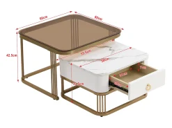 Online Hauss Spole Conjunto de 2 mesas de centro encaixáveis com gavetas, tampos em mármore brilhante e vidro, pernas douradas Branco