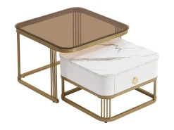 Online Hauss Spole Conjunto de 2 mesas de centro encaixáveis com gavetas, tampos em mármore brilhante e vidro, pernas douradas Branco