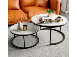 Mesa De Centro* Conjunto de 2 mesas de centro modernas, empilháveis, estrutura em metal , tampo em mármore - 80 cm Preto